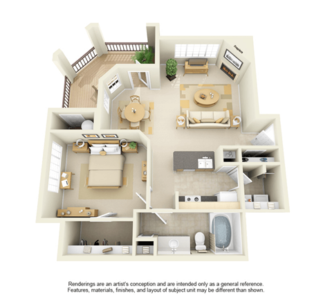 one bedroom floor plan in 3d